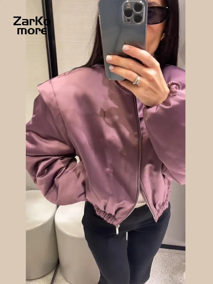 Fashion Y2K Satin Bomber Jacket Women Mauve Puff Sleeve Cropped Zip Up Casual Outerwear 2026 Spring Lady Chic Street Coats 260318