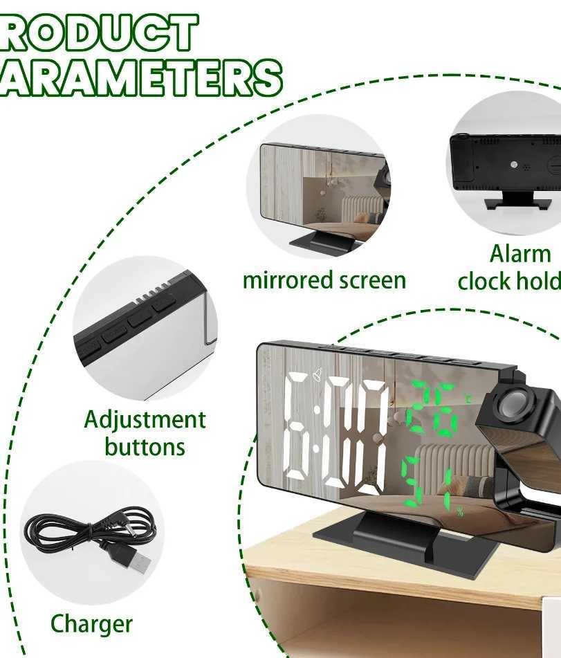 Projection digital alarm clock 180 arm projection LED alarm clock multifunctional USB plug in projector desktop LED clock D260318