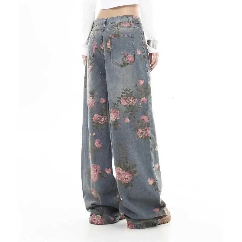 Womens Blue Flower Baggy Jeans Y2K Japanese Harajuku High Street Aesthetic High Waist Wide Leg Retro Jeans Pants Clothing 2025T260317