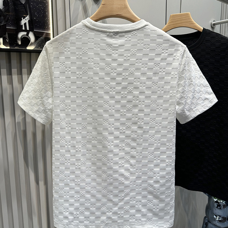 Luxury Brand Designer Clothes 2025 High-End European-Style Plaid Pattern Short-Sleeve Shirt For Men, Light Luxury, Elegant, Solid Color, Casual Round-