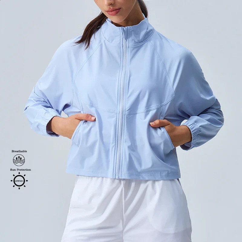 Womens Athletic Workout Running Track Full Zip Cropped Jackets UPF 50 Sun Protection Long Sleeve Shirts Yoga Gym Top 260318