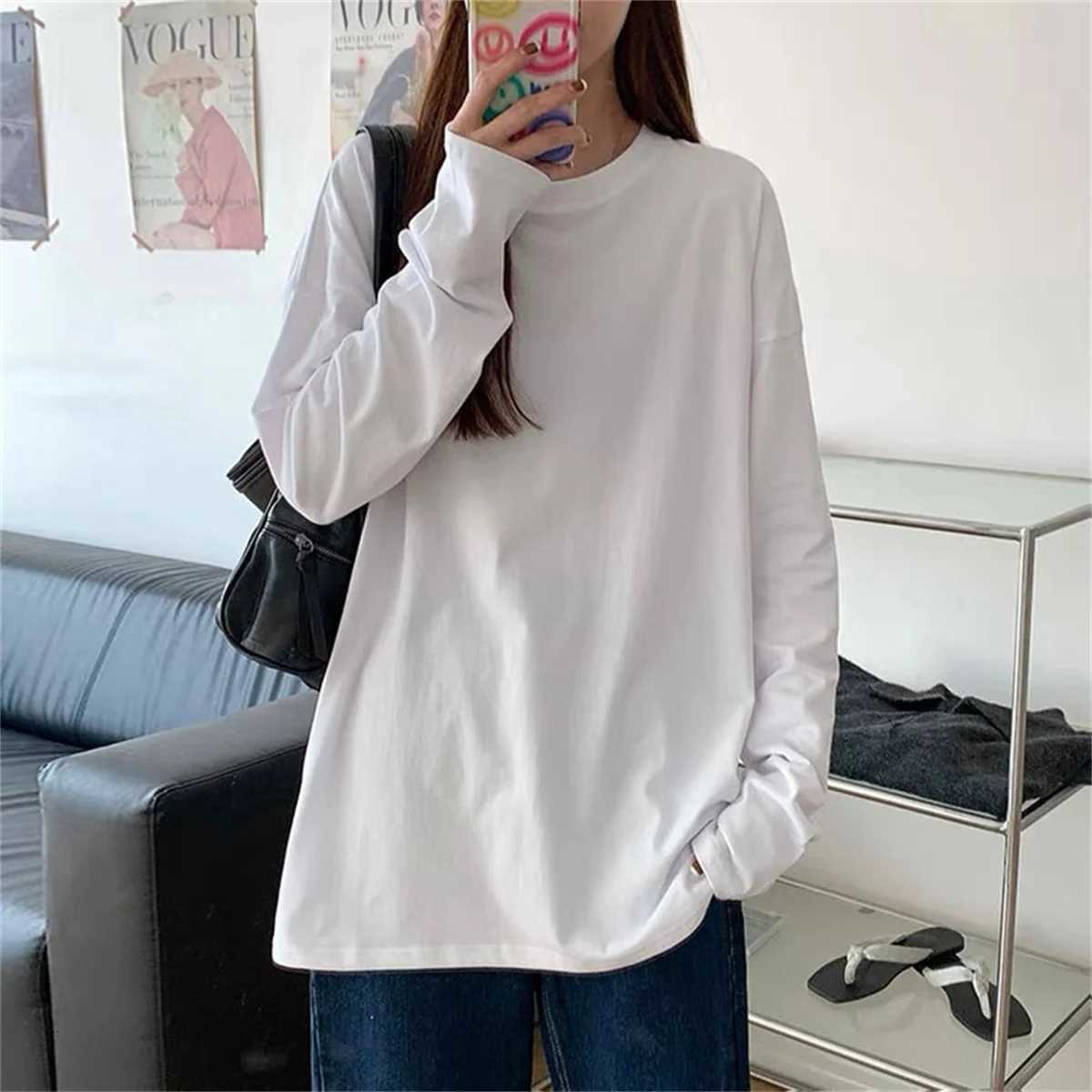 Fashion Autumn Long Sleeve T-Shirt Basic Tee Shirt Oversize Elegant Leisure Women Casual O-neck Tshirt Black White StreetwearT260317