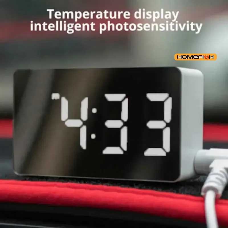 1Pc White LED Mirror Table Clock Snooze Display Time Night Light Desktop USB Alarm Clock Home Decor D260318