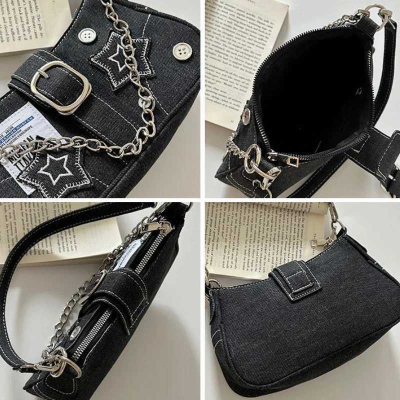 Fashion Vintage Y2k Ladies Shoulder Bags Sweet Cool Star Chain Womens Underarm Bag Black Goth Denim Female Tote Handbag PurseZ260317