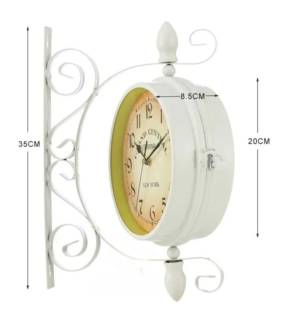 Double Sided Train Station Waterproof Wall Clock White for Garden Retro Wrought Metal Wall Clock Silent Indoor Outdoor Decor D260318