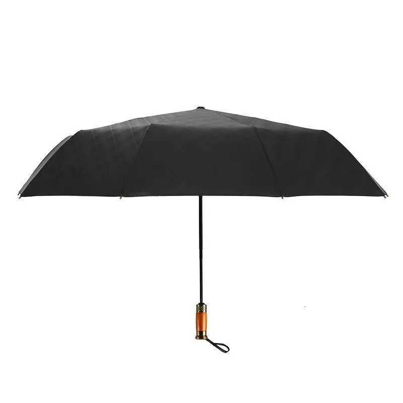 Triple fold fully automatic 10 bone grid pattern umbrella automatic wooden handle wind resistant and sunny umbrella H260318 - view 7