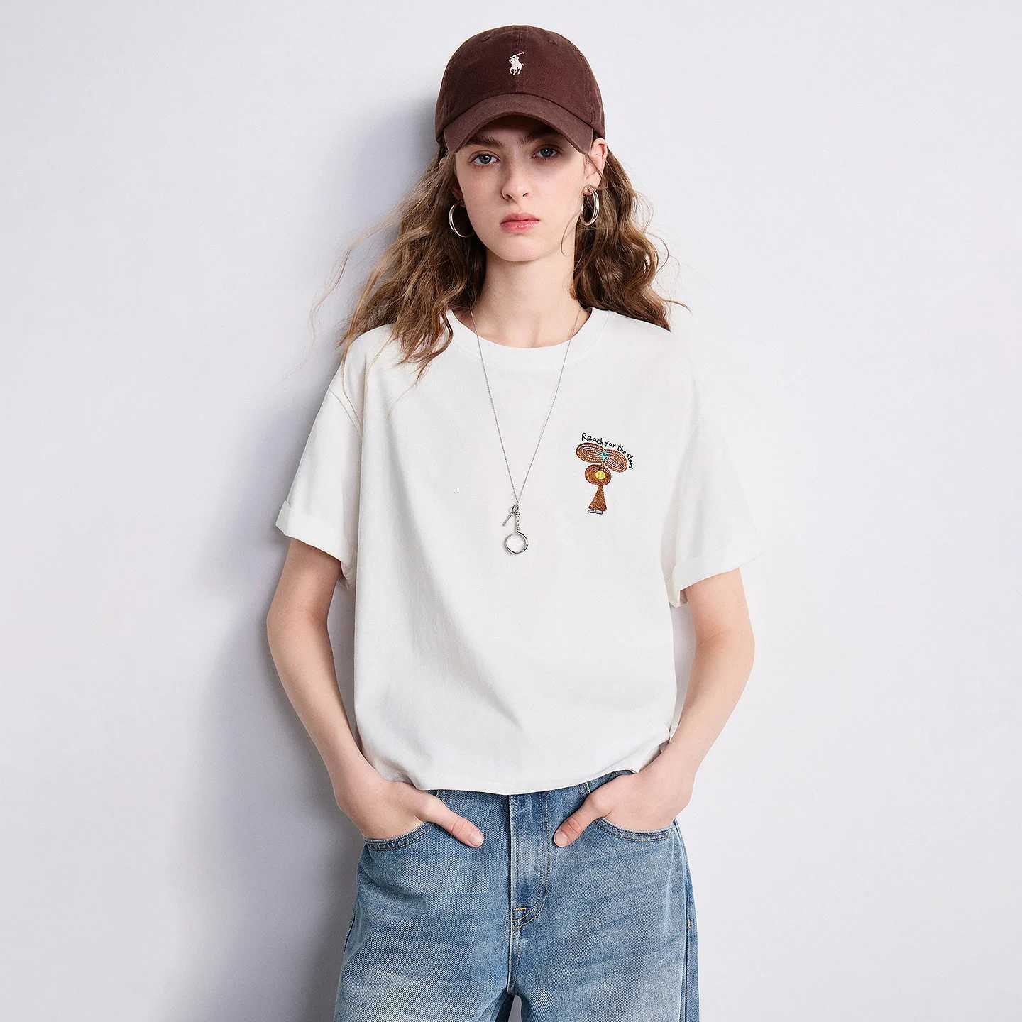 TOYOUTH Women T-shirt 2026 Summer New Embroidered by a Pure Cotton Illustrator with Short Front and Long Back TopT260317