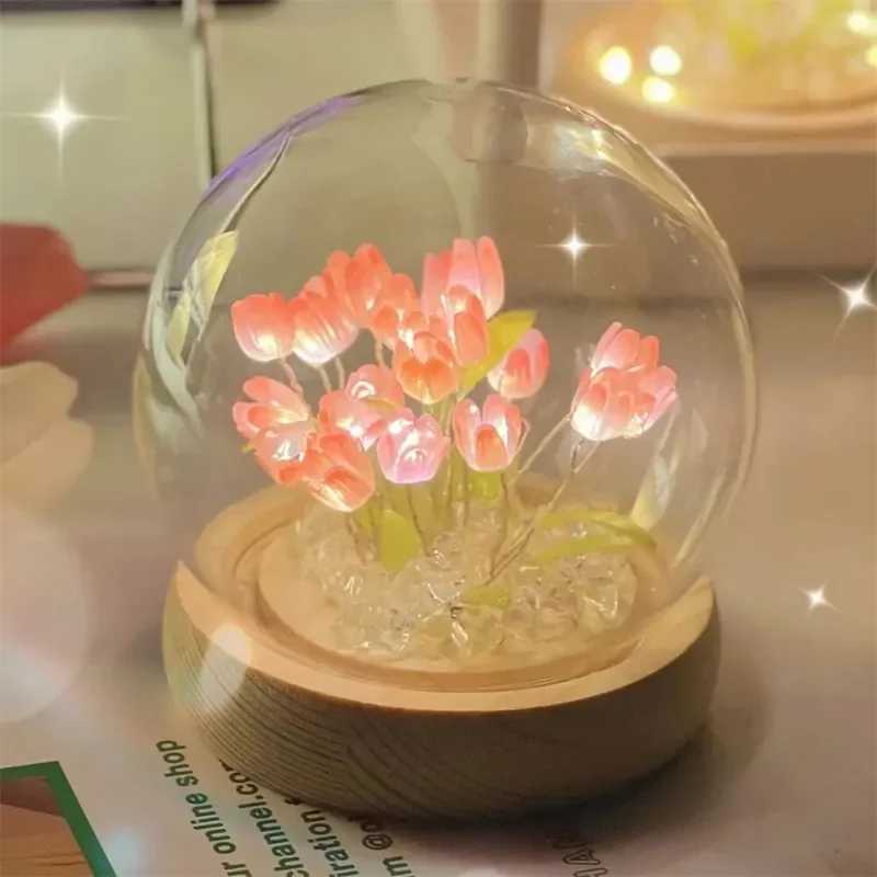 Artificial Tulip Flower Night Light Handmade DIY Bedside Lamp LED Night Lamp Bedroom Decor Christmas Birthday Gifts Table Lamp H260318