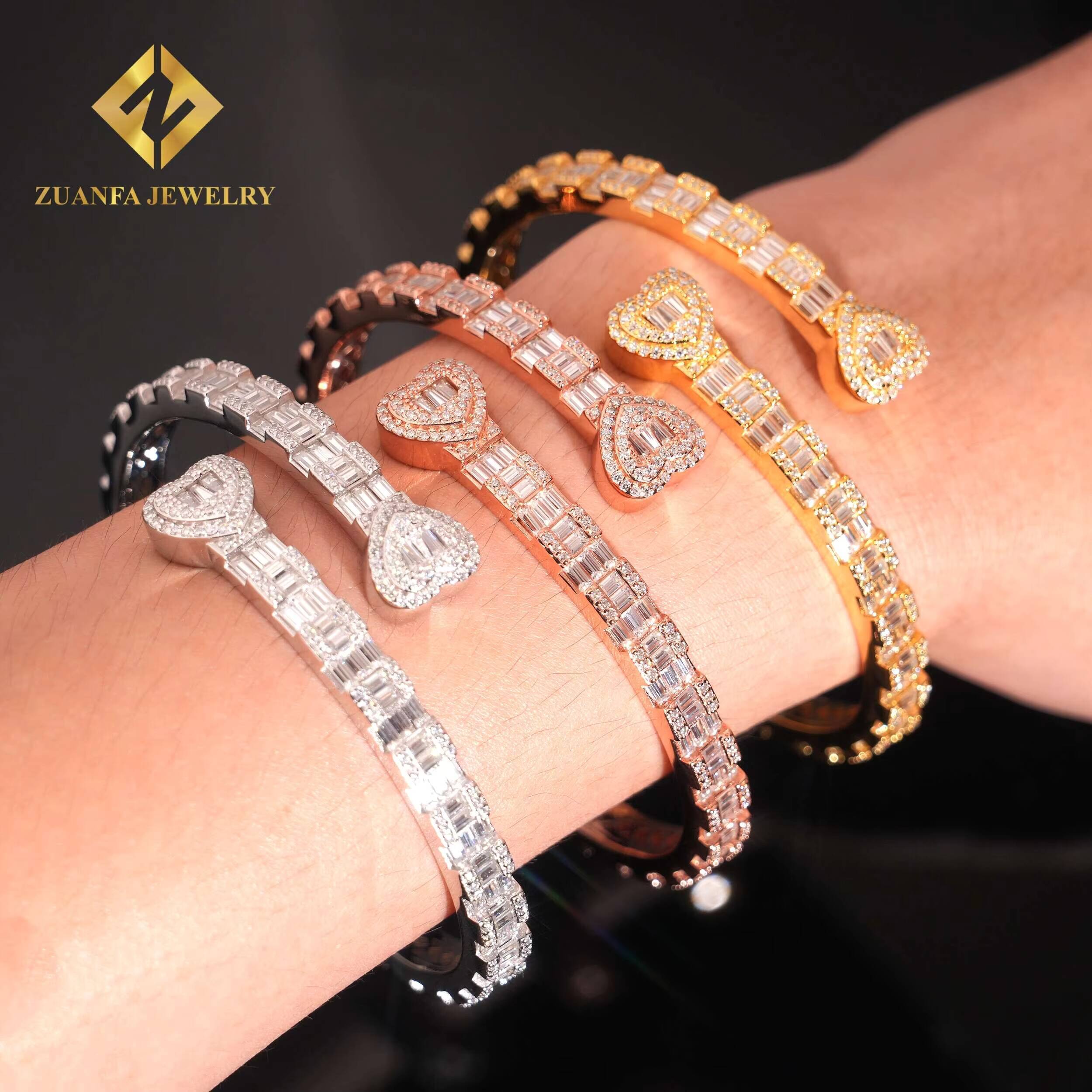 925 Sterling Silver Ajustable Openable Double With Heart Bangle Bracelets Baguette Diamond Vvs Moissanite Fashion Hip Hop Men