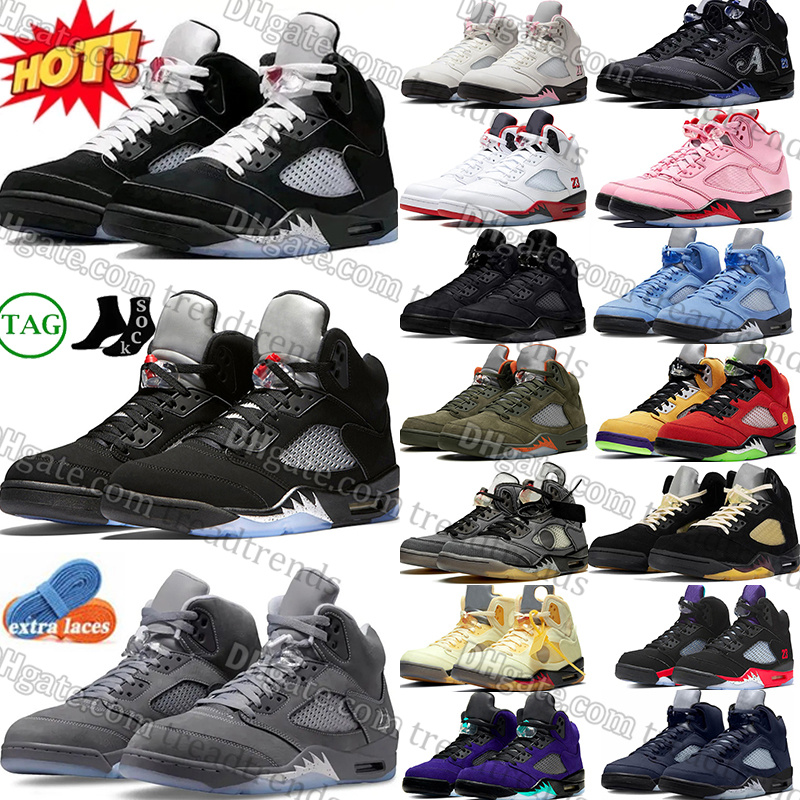 With box 5 Mens Basketball Shoe 5s Black Metallic Reimagined Wolf Grey Fire Red Medium Soft Pink Muslin Racer Blue Aqua Olive Midnight Navy Sneakers Trainer Sport 2026