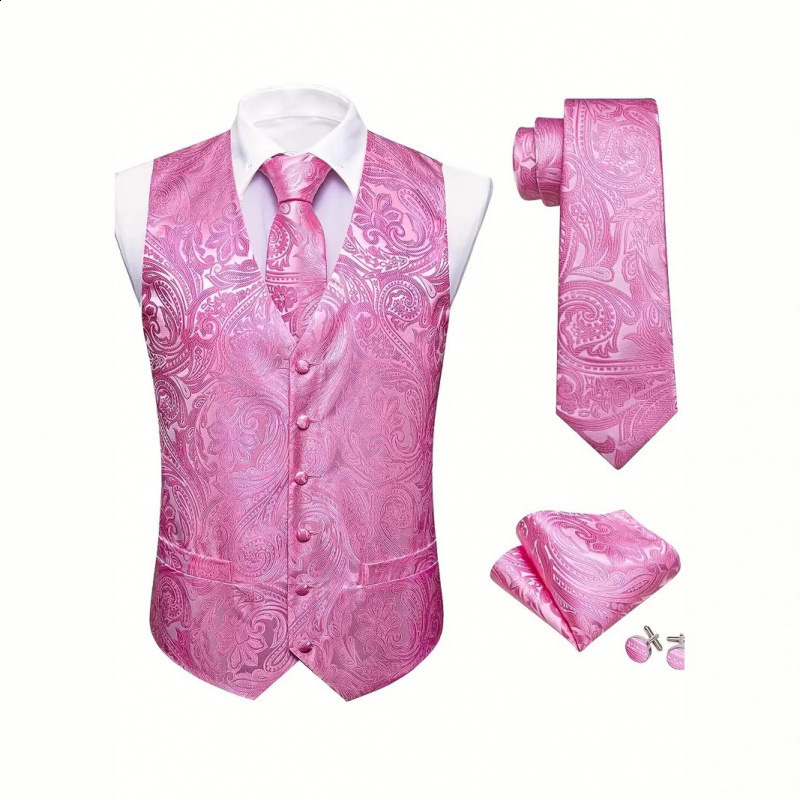 Hi-Tie Solid Voilet Lilac Silk Mens Suit Vest 4PC Woven Waistcoat Tie Pocket Square Cufflink Business Wedding Dress Waist Jacket 240615