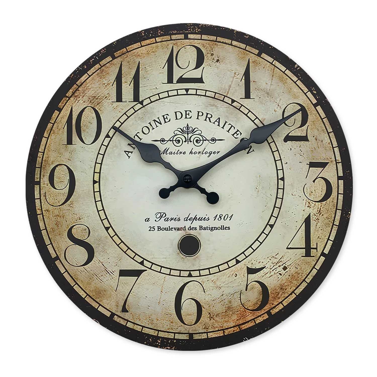 Praiteon a Paris Dehuis1801 Pattern Wooden Wall Clock Living Room Bedroom Kitchen Home Decoration Wall Clock Silent Quartz Clock Holiday Gift 10 Inc D