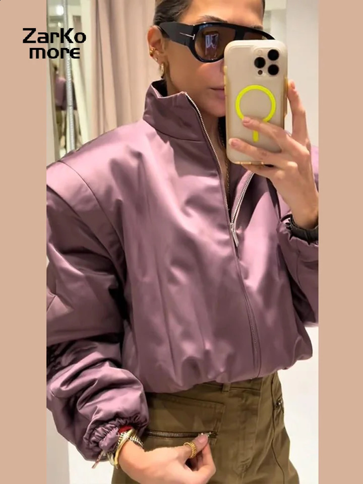 Fashion Y2K Satin Bomber Jacket Women Mauve Puff Sleeve Cropped Zip Up Casual Outerwear 2026 Spring Lady Chic Street Coats 260318