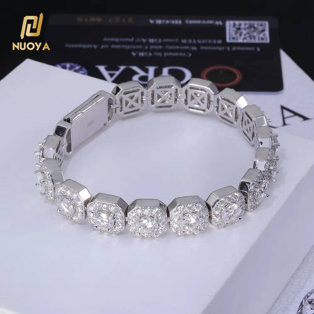 NUOYA 10mm 12mm Iced Out VVS Moissanite Tennis Chain 925 Sterling Silver Clustered Tennis Chain Hip Hop Necklace for Men Women