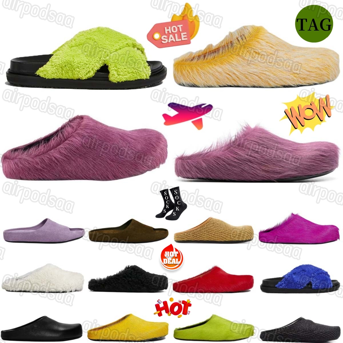 luxury Calf Sabot Slippers Loafers slides indoor Calfskin designer Hair furry slide Slipper Long Men Women Furry Fur Black White Orange Blue Green