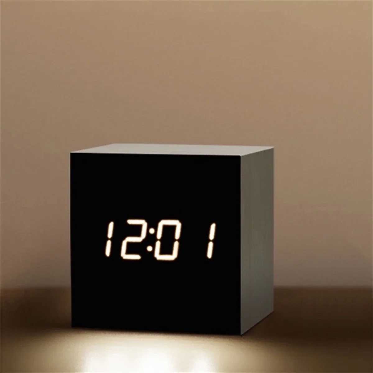 Digital LED Alarm Clock Square Wooden Retro Luminous Clock Desktop Decoration Voice Control Function Desktop Clock D260318