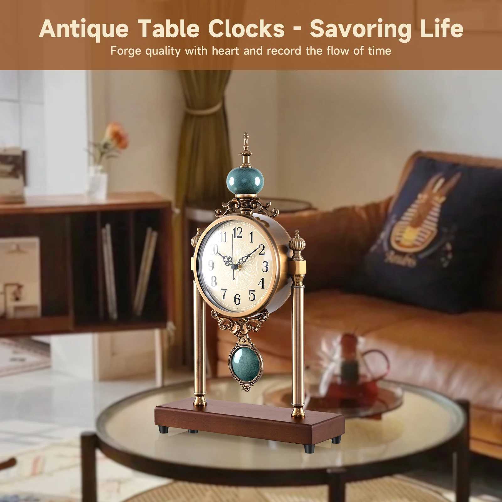 Vintage Fireplace Mantel Clock Silent Retro Desk Clock for Living Room Walnut Base with Metal Surface Antique Shelf Pendulum D260318