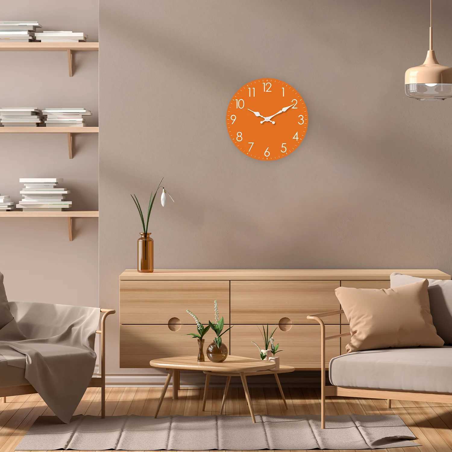 Modern Minimalist Orange Wooden Wall Clock for Living Room Bedroom Kitchen Home Decoration Silent Quartz Clock Holiday Gift 10 Inches 12 Inches No Bat