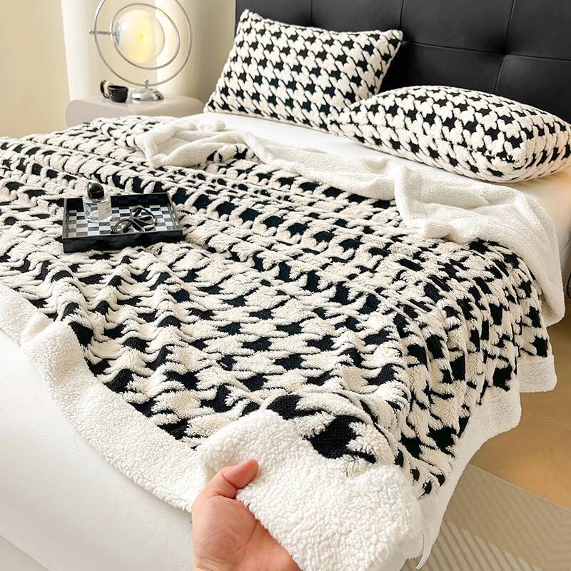 Houndstooth Pattern Spring Autumn Warm Fleece Cozy Office Naps Sofa Bed Throw Blankets Jacquard Soft Plush Blanket
