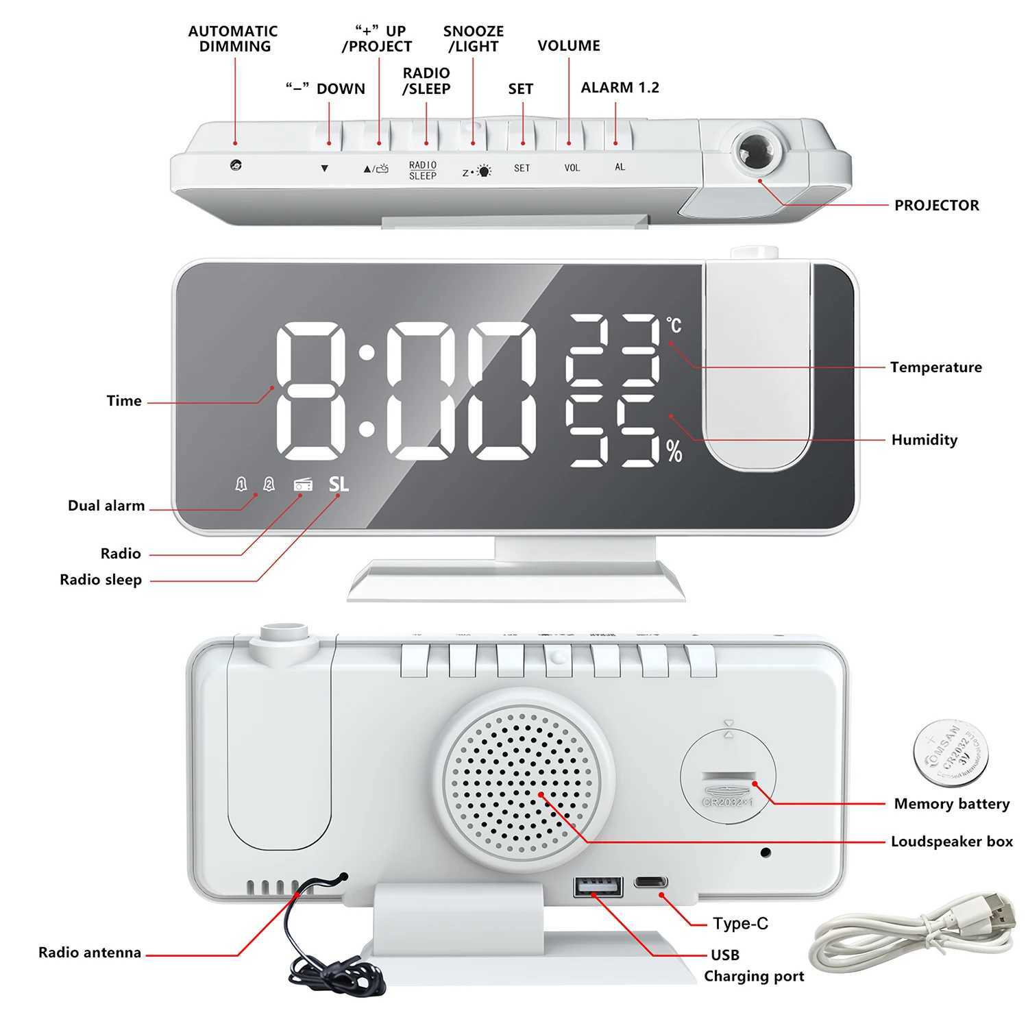 Table Clock HD Projection Large LED Alarm Clock Display Digital Smart Radio Ceiling Auto Dimming Bedroom for Room Accessories D260318