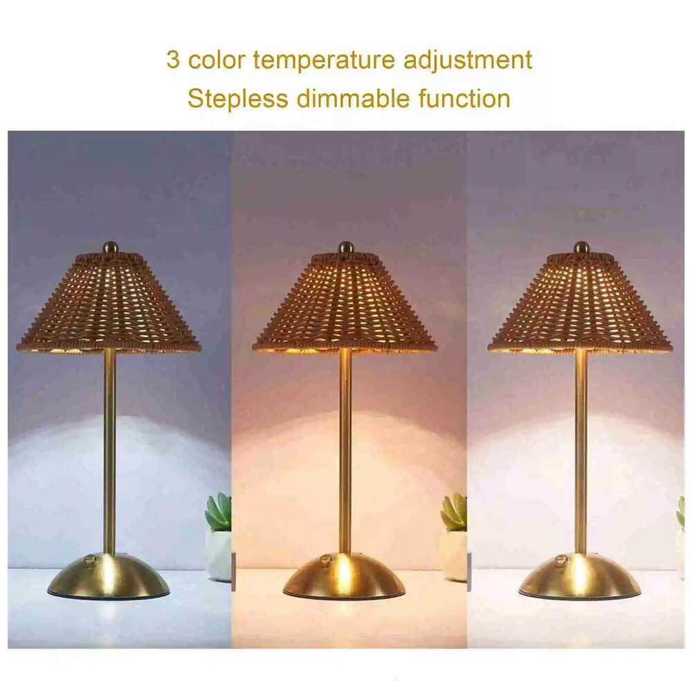 Cordless Boho Table 2W PC Rattan Weaving Rechargeable Desk Lamp Energy Saving Eye Care 600mAh for Home Restaurant 26H0318