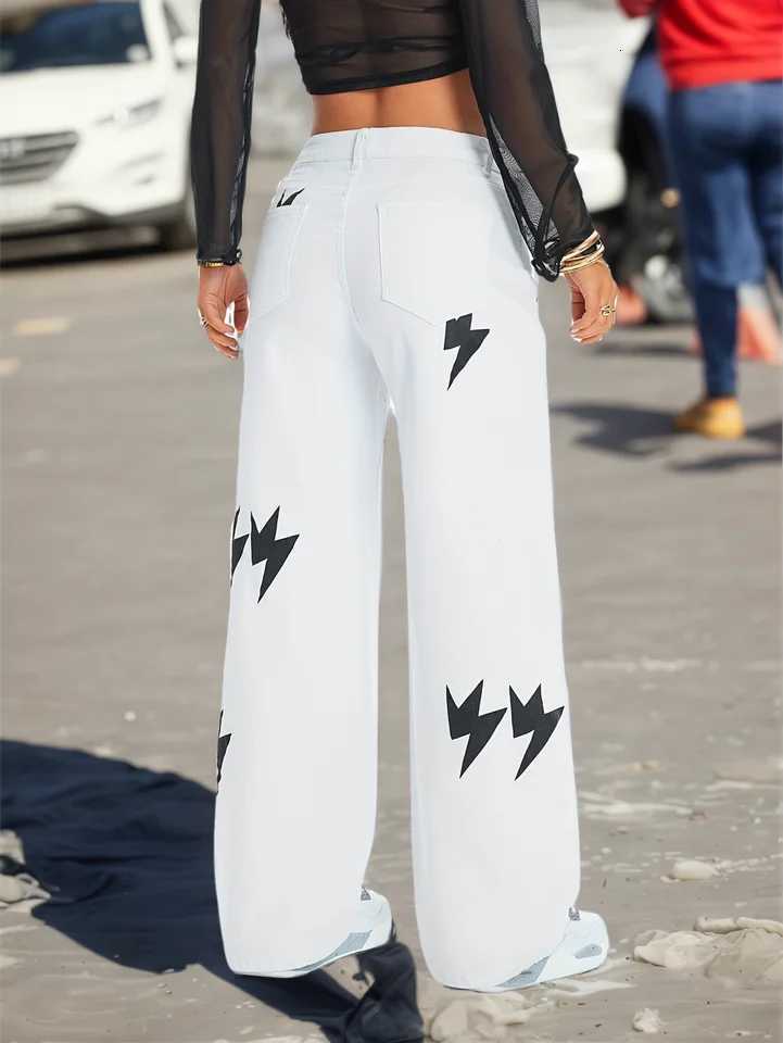 Womens High Waist Straight Denim Look Pants Retro Casual Stretch Printed Trousers Comfortable Fit Classic StyleT260317