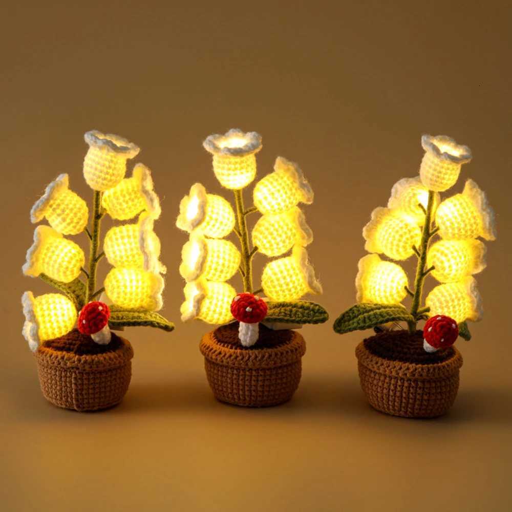 Knitted Bell Orchid With Light Creative Crochet Flowers Potted Handwoven Fake Flower Party Table Decor Mothers Day Gift H260318