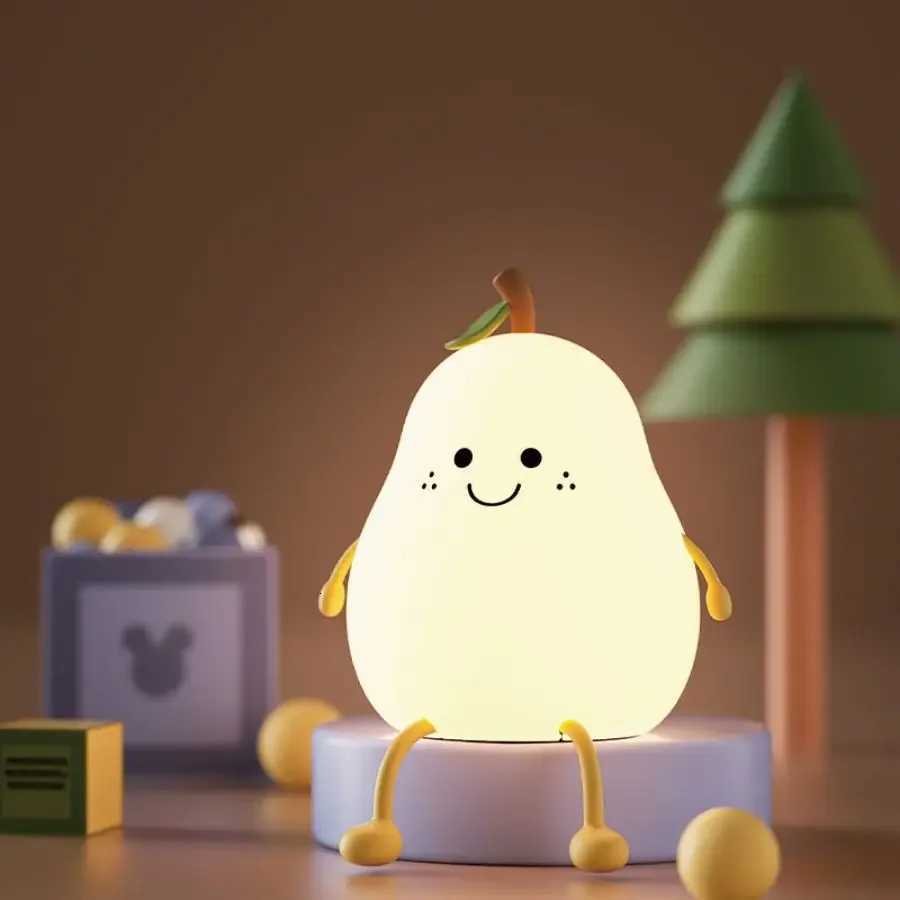 LED Pear Fruit Silicone Night Light 7 Colors Dimming Touch USB Rechargeable Cartoon Bedside Lamp Bedroom Decor Cute Kid Gift H260318