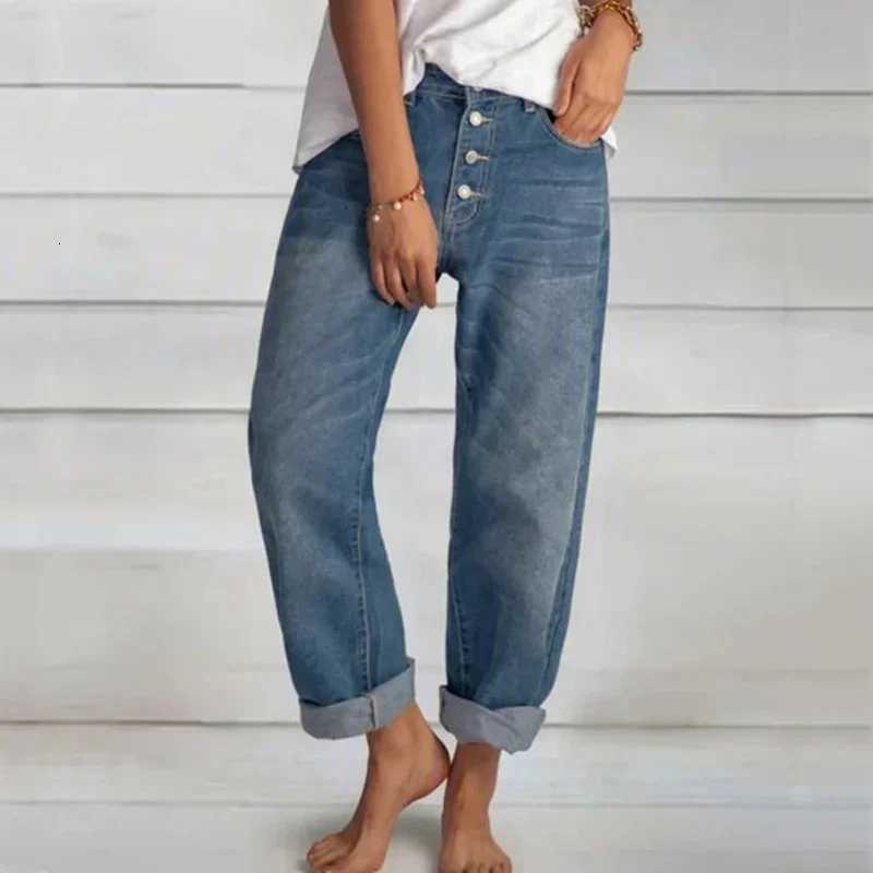 New Women Versatile Simple Denim Pants High Waist Single-breasted Splicing Straight Jeans Female Loose Casual Washable TrousersT260317
