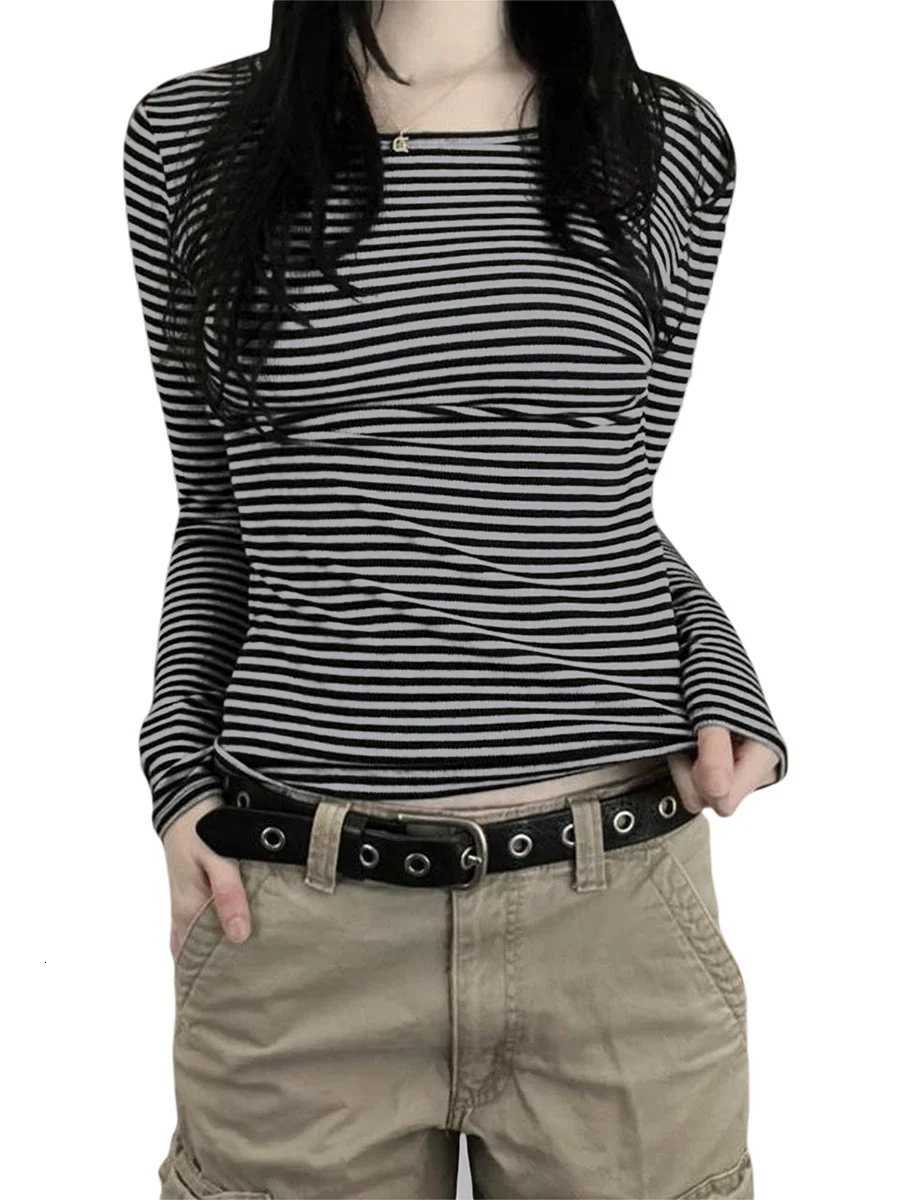Long Sleeve Shirts for Women Fashion Casual Basic Crew Neck Striped Slim Fit T-shirt Going Out Blouses Y2K Vintage Tight ShirtsT260317