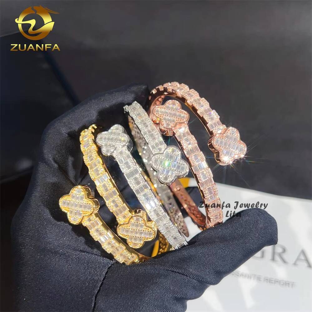 925 Sterling Silver Fashion Jewelry Four Leaf Clover Hip Hop Moissanite Diamonds Gold Plated Bracelet Bangles