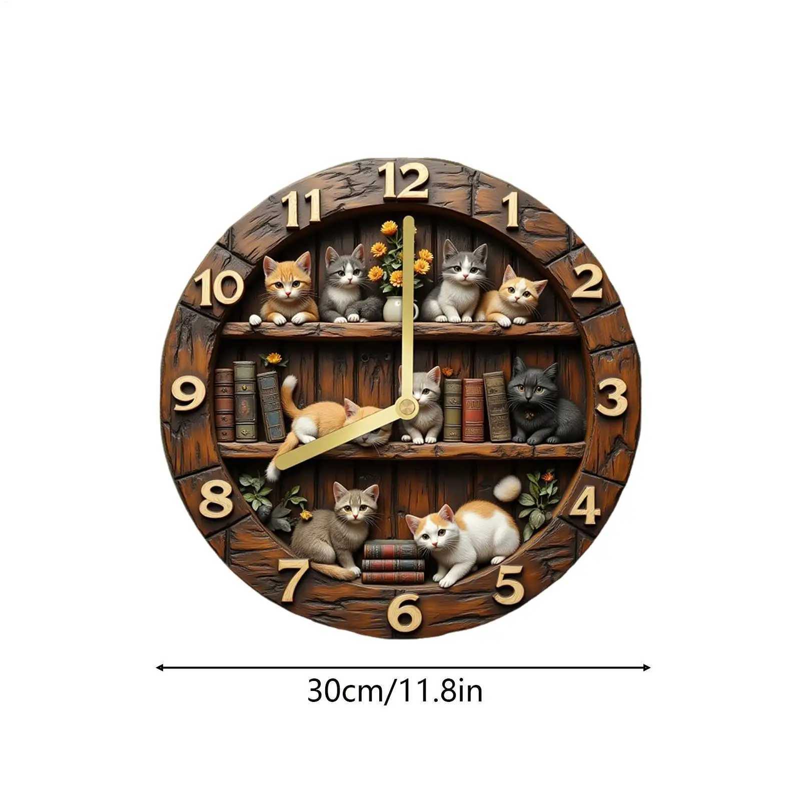 Cat Theme Wooden Wall Clock 12 Inch Cute Animal Decoration for Living Room Bedroom Farmhouse Home Office Decor Silent Clock D260318