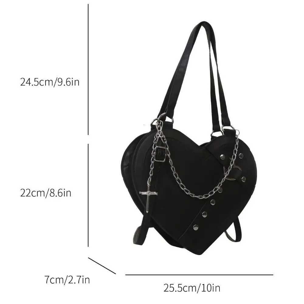 Y2K PU Leather Black Shoulder Bag Chain Rivet Large Capacity Gothic Tote Bag Portable Heart Shaped Women Crossbody Bag GirlsZ260317