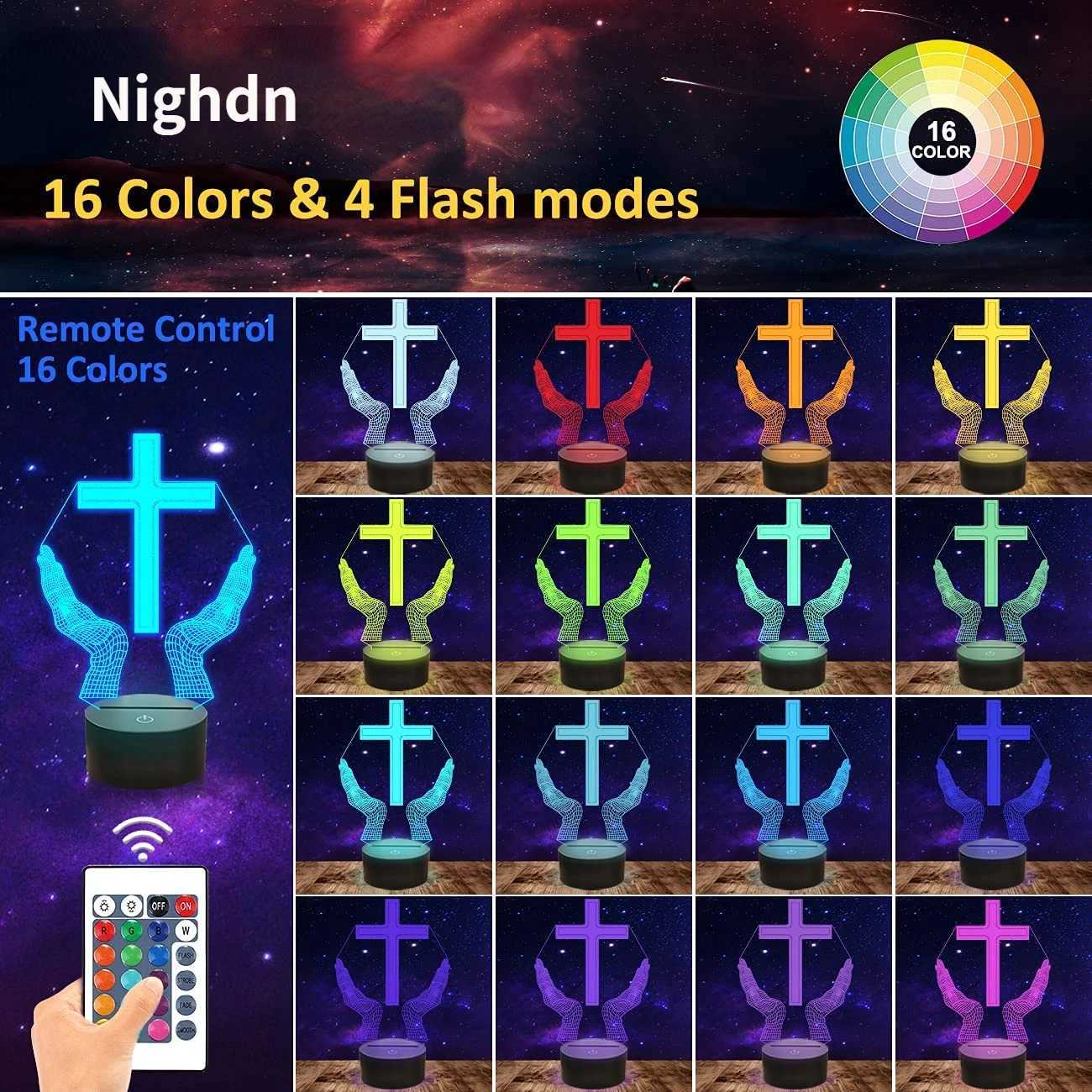 Jesus Cross 3D LED Night Light for Friends Xmas Easter Room Decor Gifts Crucifix Optical Illusion Desk Table Lamp Nightlight H260318