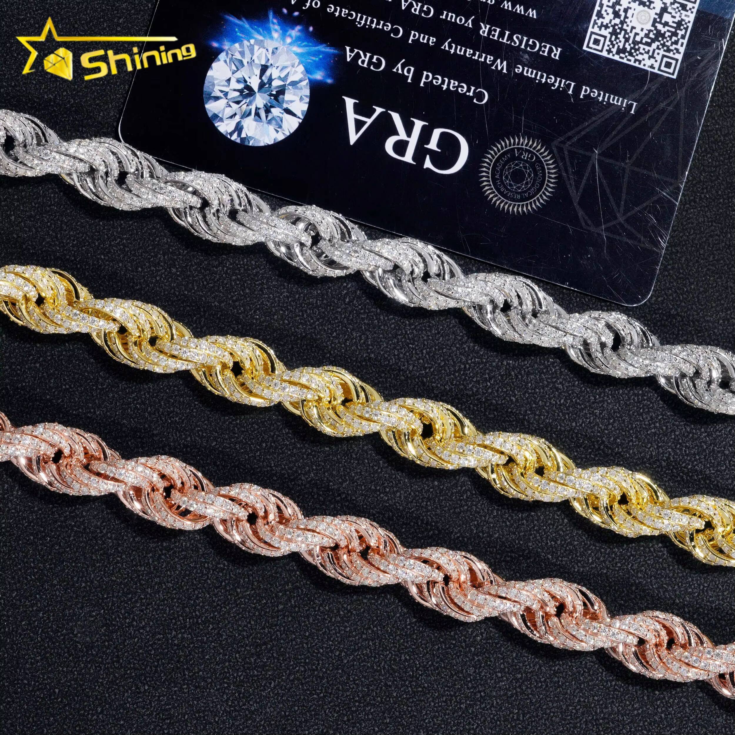 Big Size Moissanite Rope Chain Silver Jewelry 10mm Vvs Moissanite Rope Bracelet Necklace for Men and Women