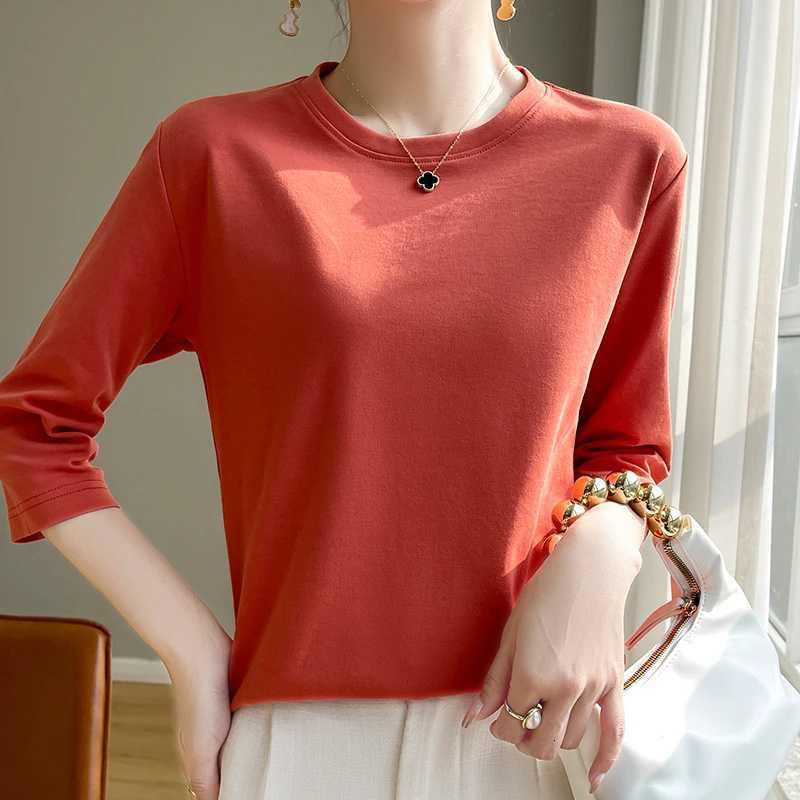 Summer Cotton Short-Sleeved T-Shirt Womens Round Neck Seven-Point Sleeves Loose Mercerized Cotton Half-Sleeve Shirt New T-shirtT260317