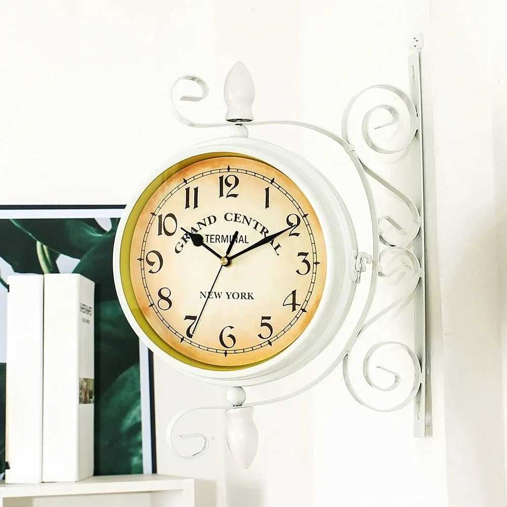 Double Sided Train Station Waterproof Wall Clock White for Garden Retro Wrought Metal Wall Clock Silent Indoor Outdoor Decor D260318