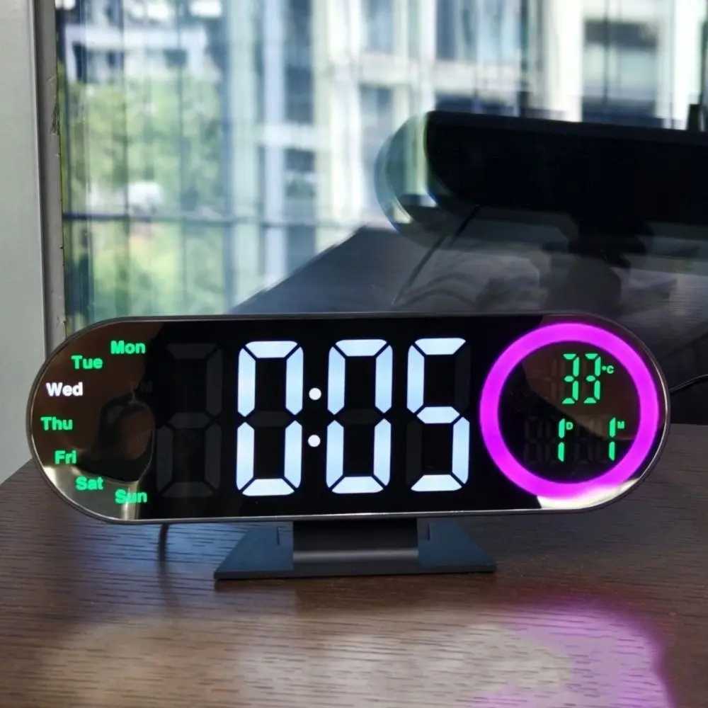Brightness Adjustment Digital Alarm Clock Voice Control 12/24H Format LED Mirror Clock 2 Alarms with RGB Mood Light D260318