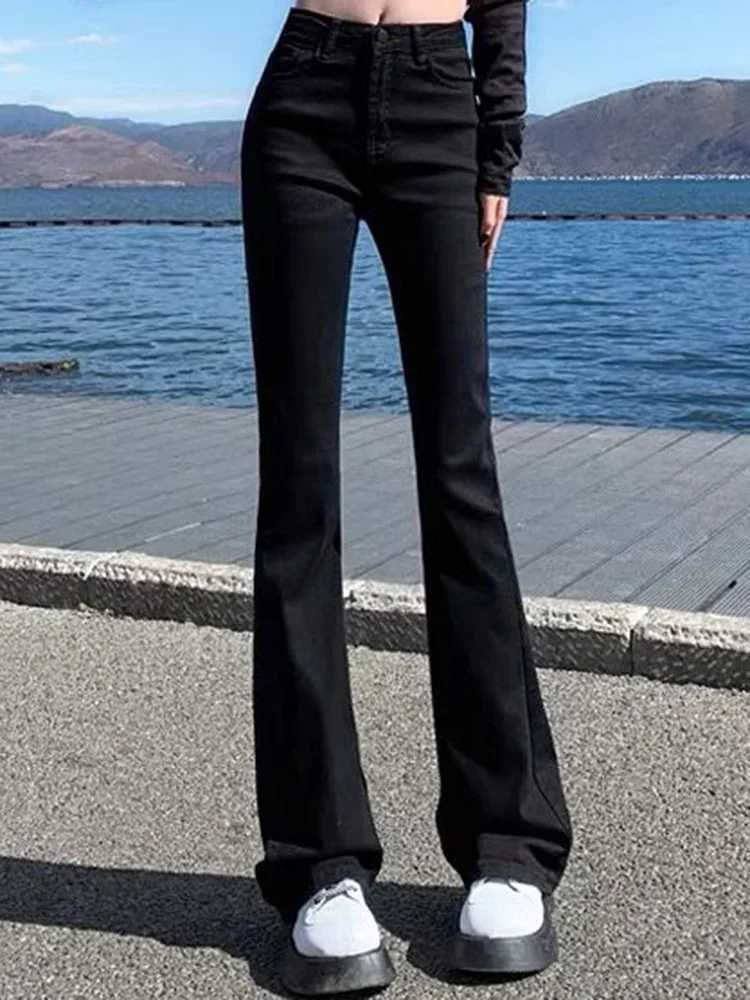 Women Korean Flare Jeans Girls High Waist Elastic Boot Cut Pants Lady Vintage Blue Black Gray Brown Denim Bell Bottom TrousersT260317