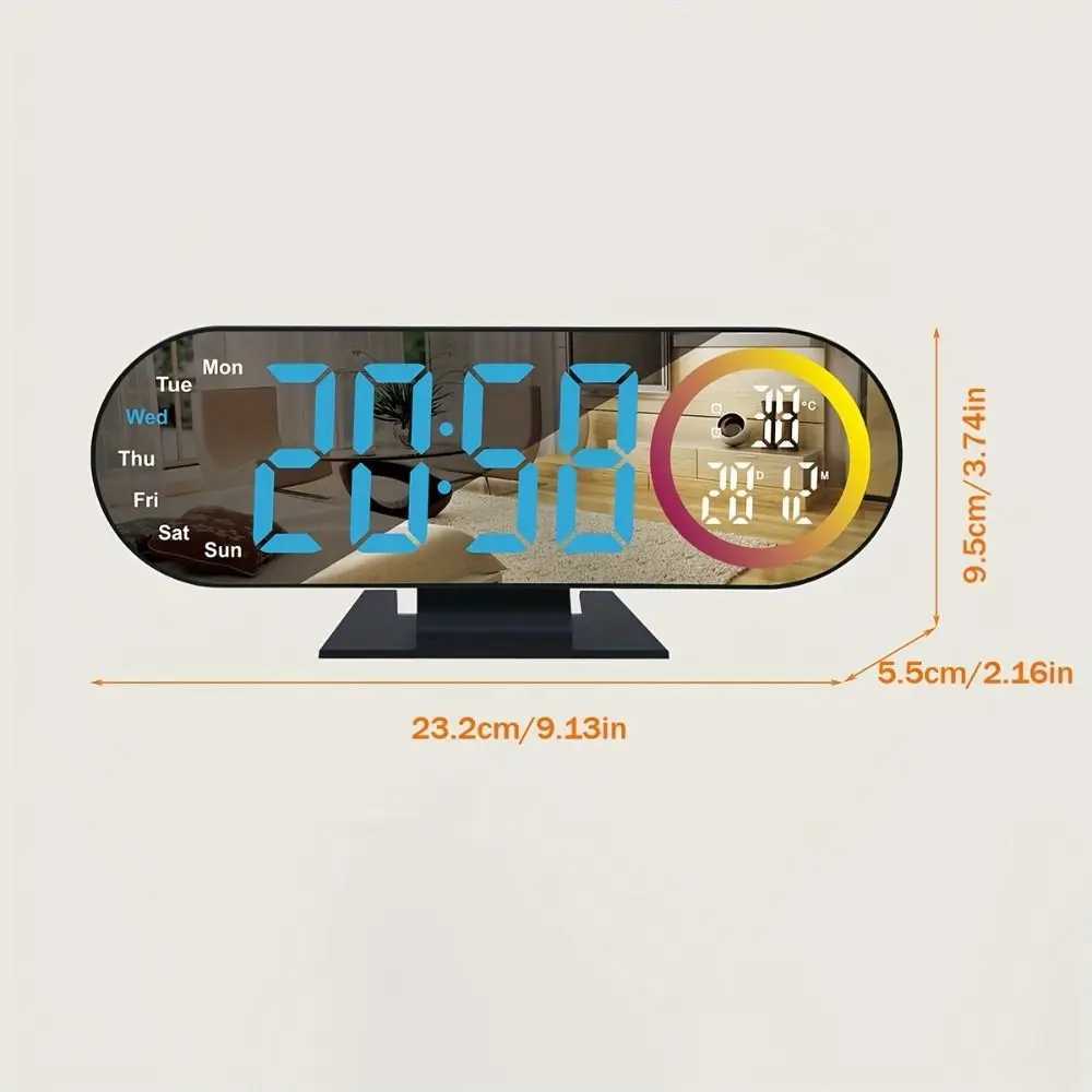 Brightness Adjustment Digital Alarm Clock Voice Control 12/24H Format LED Mirror Clock 2 Alarms with RGB Mood Light D260318