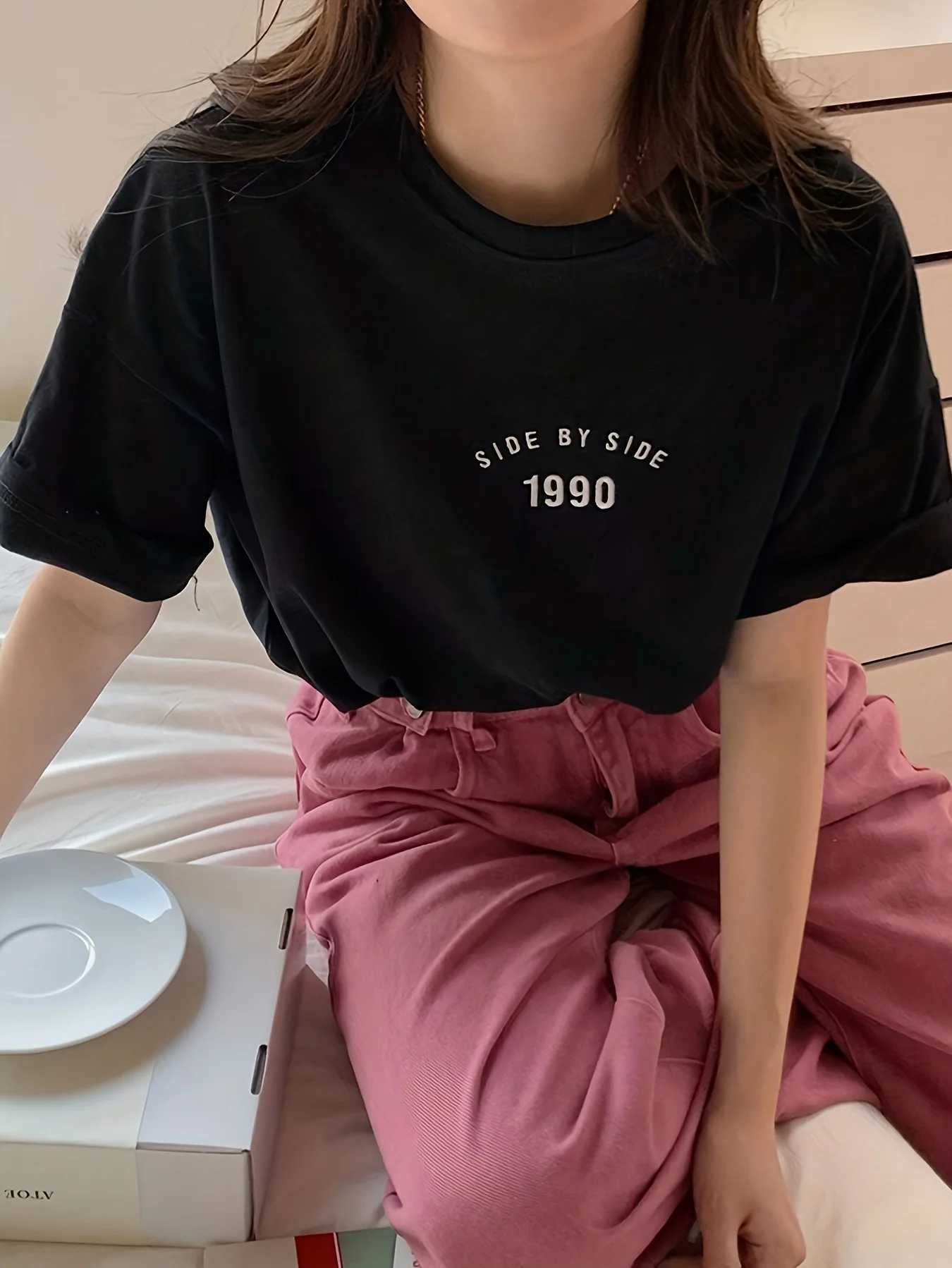 Korean Style 1990 Side By Side Letter Printed Female T-Shirt Summer Casual T Shirt Fashion Loose Streetwear Women TopsT260317