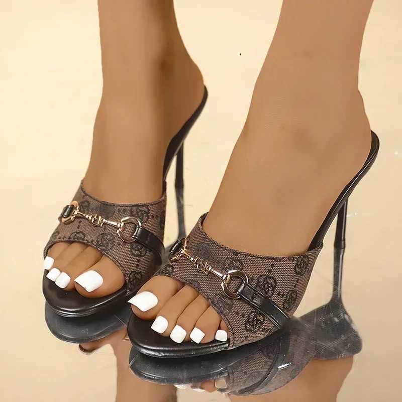 High Heel Sandals for Women 2025 Elegant Metal Buckle Slippers Women Printed Thin Heeled Sandals Woman Fashion Dress Party Shoes W260318
