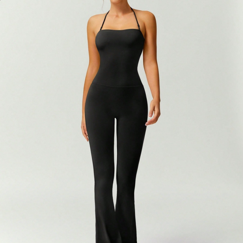 Neck Mounted Sexy Black Jumpsuits For Women Sleeveless Low Cut Elegant Outfit Slight Flared Pants Jump Suit Overall 240301