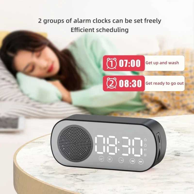 Mini Mirror Digital Alarm Clock Timer Rechargable Wireless Clock 2 Alarms FM Radio Wireless Speaker Subwoofer Desktop LED Clock D260318