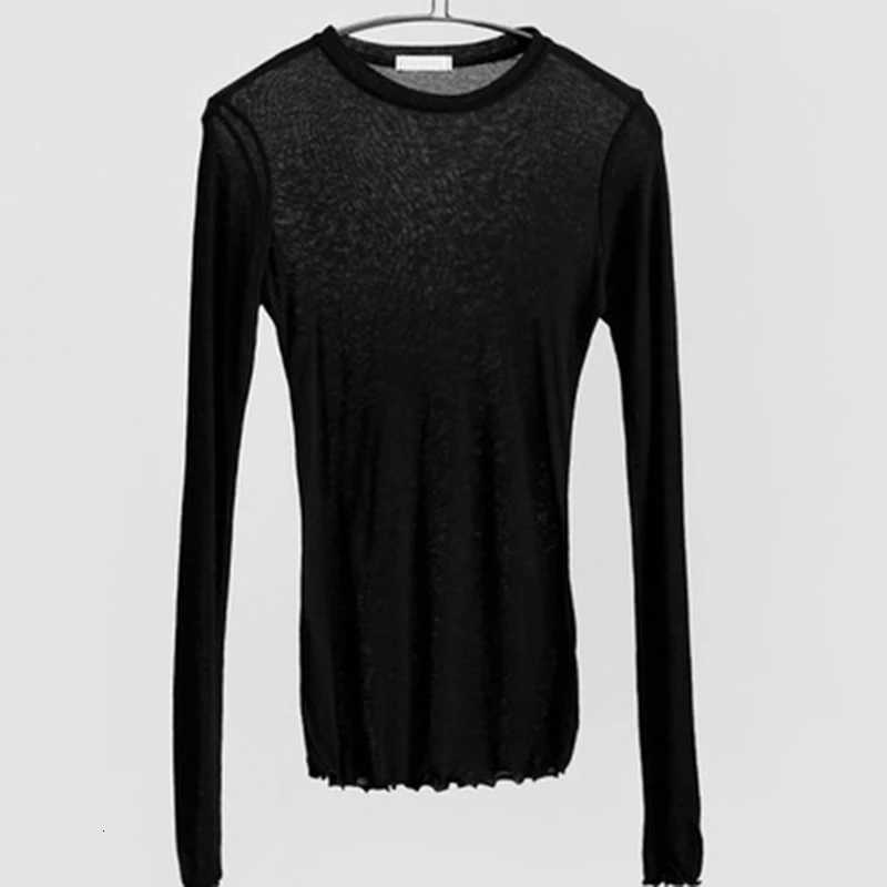 High Quality Plain T Shirt Women Cotton Elastic Basic T-shirts Female Casual Tops Long Sleeve Sexy Thin T-shirt see throughT260317