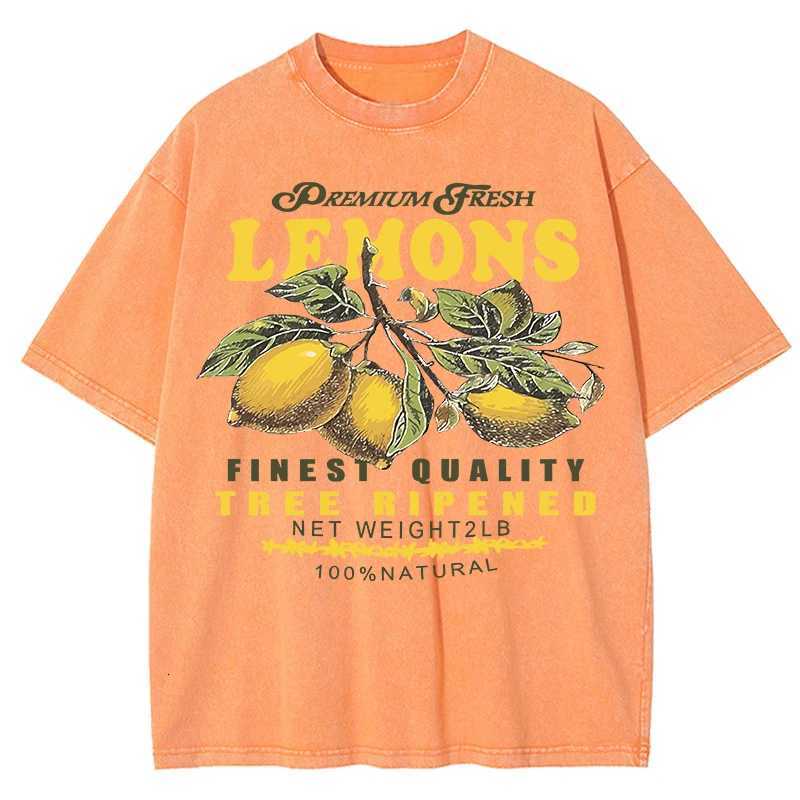 Premium Fresh Lemons Fruit Print Women Washed T-Shirts Y2K Comfortable Short Sleeve Loose All-Match T Shirt Cotton Hip Hop TopT260317