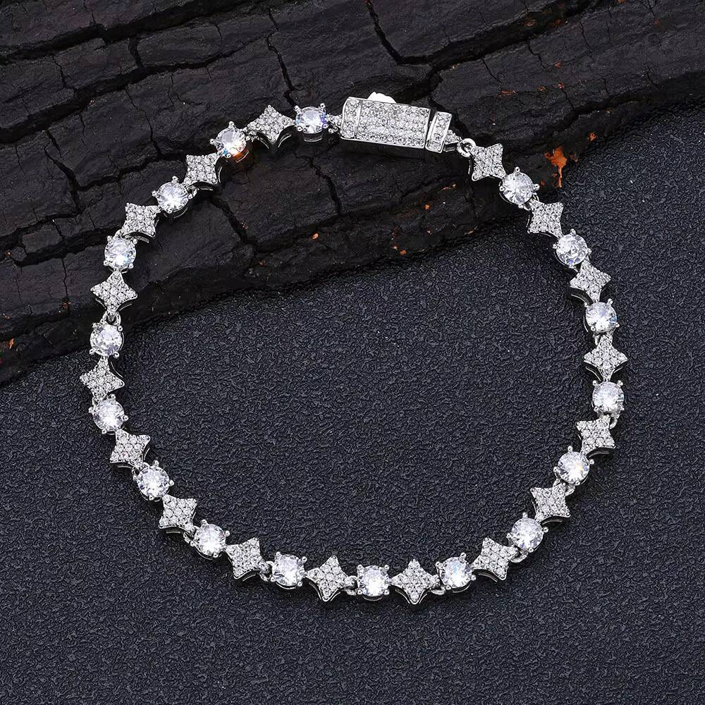 NUOYA 6mm High Quality Round CZ Diamond Gold Silver Star Shape Tennis Chain Bracelet for Women Bling Hip Hop Fine Jewelry