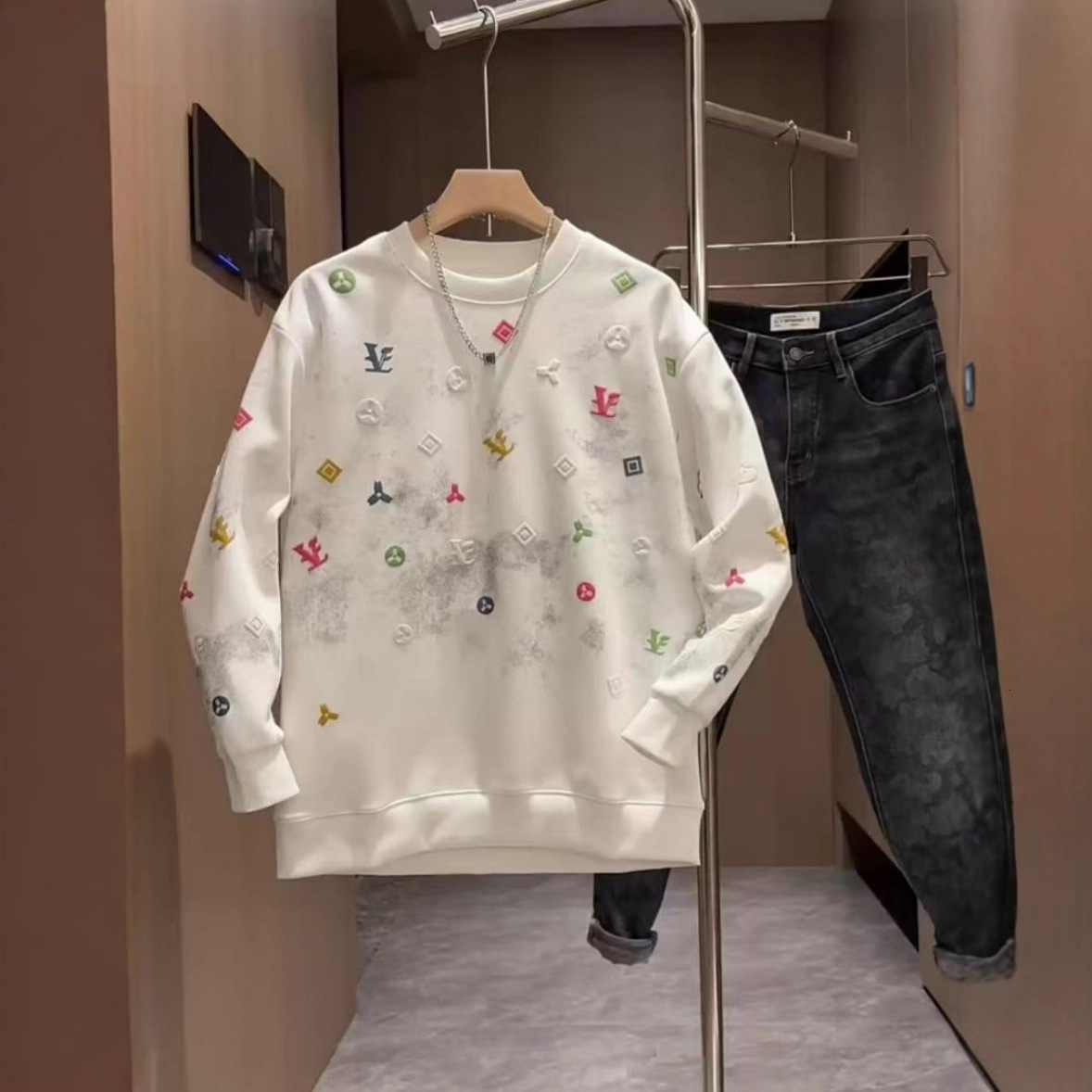 Luxury Brand Designer Trendy brand men sweatshirt 2026 autumn new model full-print vintage pattern foam-printed long-sleeve T-shirt versatile base shi