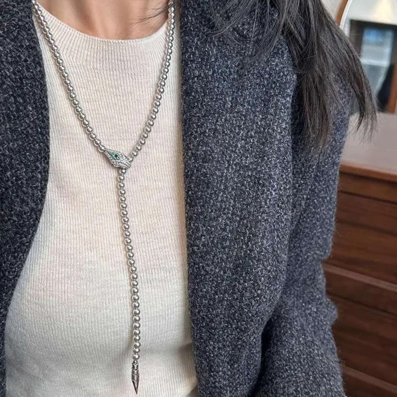 Women Gray Pearl Multi-Strand Long Sweater Chain Snake Motif Multi-Wear Statement Necklace Autumn Winter Layering