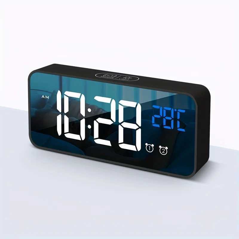 Voice Control Digital Alarm Clock TEMP 2 Alarms Snooze Night Mode Table Clock Power Switch 12/24H Rechargeable Music LED Clock D260318